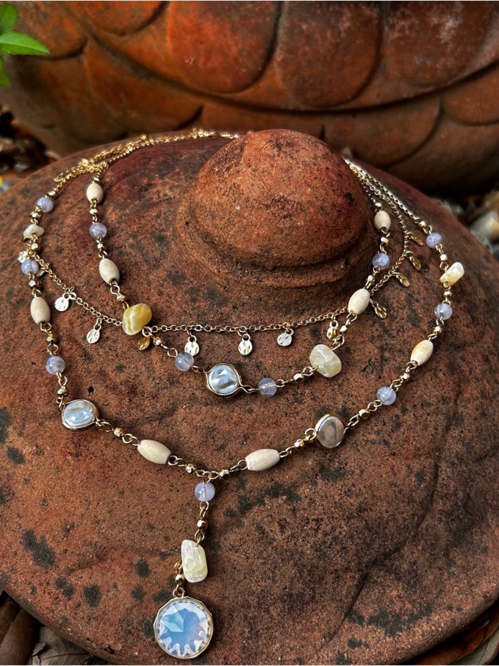 Gold-Tone Layered Necklace with Blue & Cream Gemstones